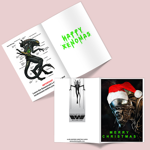 Alien in Santa Hat Alternative Christmas Card Happy Xenomas